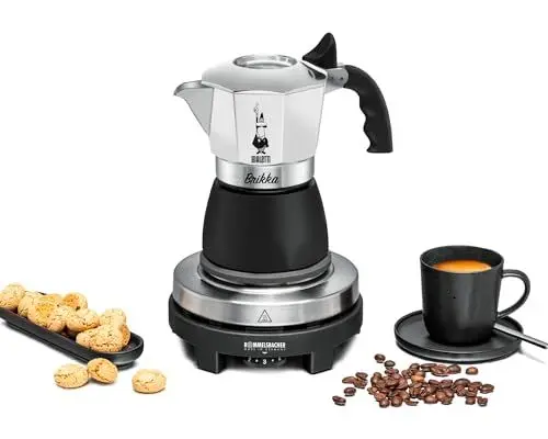 Produktbild: Rommelsbacher Espresso Geschenkset RK 505/K, Mini Kochplatte, 80 mm Ø, stufenlos regelbar, Original Bialetti Moka Kanne, 90 ml, Brühsystem für Crema-Bildung, schwarz/Silber