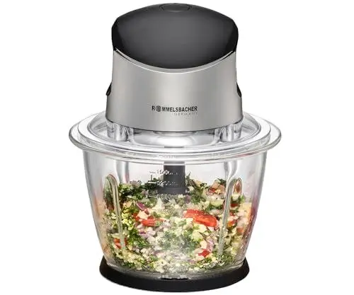 Produktbild: ROMMELSBACHER Multi Zerkleinerer MZ 500 – kraftvoller Motor, 4-flügeliges Spezialmesser aus Edelstahl, 1,5 Liter Glasbehälter, schwarz/Chrom gebürstet, 500 Watt