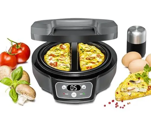 Produktbild: ROMMELSBACHER Omelett Chef OM 950 - Cool Touch Gehäuse, extratiefe Backmulden für 2 Omeletts, Antihaftbeschichtung, 20 Min. Zeitschaltuhr, LED-Display, Kontrolllampen, Überlaufrinne, 950 Watt
