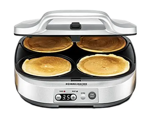 Produktbild: ROMMELSBACHER Pancake Maker PC 1800, 4 Backmulden à 13,5 cm Ø, Antihaftbeschichtung, 15 Minuten Zeitschaltuhr, automatische Abschaltung, 1800 Watt, silber