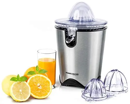 Produktbild: ROMMELSBACHER Zitruspresse ZP 60/E - leistungsstarker/leiser Motor, Edelstahlsieb, klappbare Auslauftülle, Nachtropfstopp, 2 Presskegel (für große und kleine Früchte), 100 Watt, Edelstahl