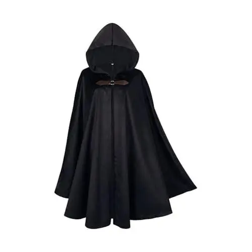 Produktbild: RongXuan Halloween Kostüm Renaissance Umhang mit Kapuze Kostüm Samt Mantel für Männer Frauen Viktorianische Steampunk Mittelalterliche Cosplay Umhang Cape (Schwarz, 130cm)