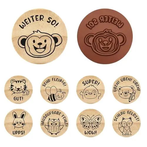 Produktbild: Rongxze 9 Stück Holz Lehrer Stempel - Rund Gummi Schule Mit Biene Tier Motivationsstempel - Lob Schüler Lehrerstempel für Kinder Belohnung Motivation DIY Geschenk
