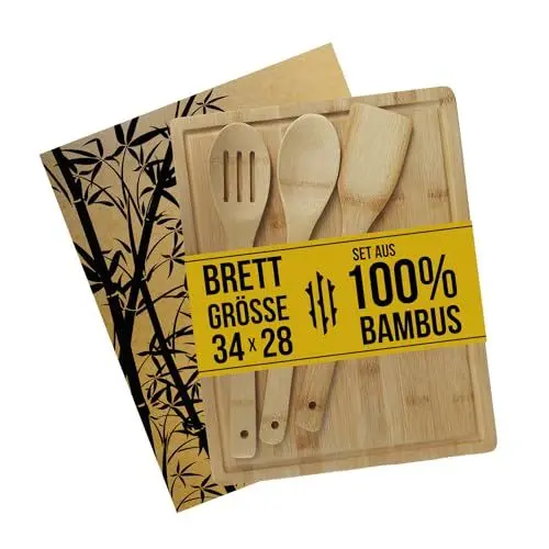 Produktbild: RONI Bambus Küchenutensilien | Schneidebrett Set | Küchenzubehör mit Bambusbrett zum Schneiden von Gemüse, Obst & Brot und Grillen | Öko Küchen Brett