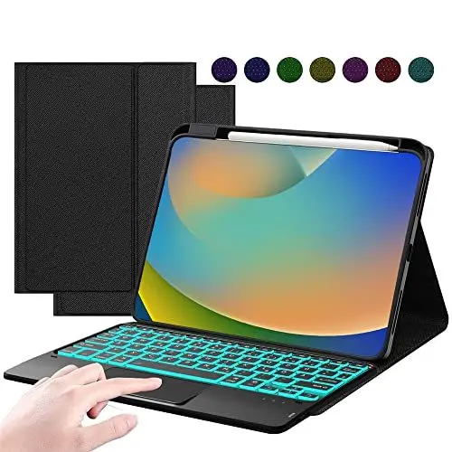 Produktbild: ROOFEI iPad 10. Generation Hülle mit Tastatur QWERTZ - 7 Farbige Hintergrundbeleuchtete Multi-Touch-Trackpad-Tastaturabdeckung mit Stifthalter für iPad 10th Generation 10.9'' 2022