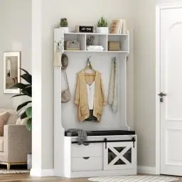 Produktbild: Garderobenständer, 6 in 1 Garderobe mit Schuhbank & 6 Haken, flurgarderobe mit 3 obere Ablage, Schuhbank mit Sitzfläche, Garderobenschrank flur Eingangsbereich, 196x107x40 CM