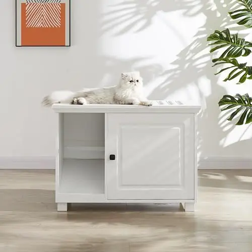 Produktbild: Roomfitters Katzenschrank, Katzentoilette, Katzenklo Schrank, Katzenhaus mit Tür und separater Trennwand, Versteckte Katzentoilette, Stabile Katzenschrank, Speicher Schrank Sitzbank, Weiß