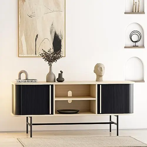 Produktbild: roomfitters TV Schrank mit 2 Schiebetüren, Küchenschrank Schwarz, Fernsehtisch Aufbewahrungsschrank, Fernsehschrank Fernsehtisch Sideboard mit Schrank, TV Möbel für TVs bis 65 Zoll für Wohnzimmer