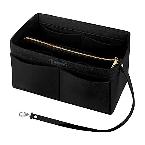 Produktbild: Ropch Handtaschen Organizer, Filz Taschenorganizer Bag in Bag Innentaschen Handtaschenordner mit Abnehmbare Reißverschluss-Tasche und Schlüsselkette (Schwarz, M)