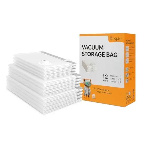 Produktbild: Roqao Vakuumbeutel für Kleidung, 12er-Pack Jumbo Siegel Beutel (4 x 100x80cm + 4 x 80x60cm + 4 x 70x50cm), Vakuumbeutel für Bettdecken, Bettwäsche, Kissen & Reise