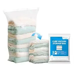 Produktbild: Roqao Würfel Vakuumbeutel für Kleidung, 5er Pack (70x50x30 cm) Vakuumbeutel für Bettdecken, Decken, Bettwäsche, Staubsauger-kompatibel mit Platzersparnis Vakuum Kleiderbeutel