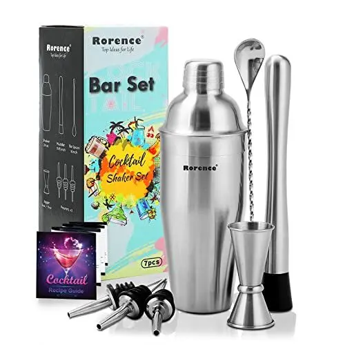 Produktbild: Rorence 7-teiliges Edelstahl-Cocktail-Shaker-Set, Barzubehör, Barkeeper-Set: 700 ml Edelstahl-Martini-Shaker mit integriertem Sieb, Muddler, Barlöffel, Jigger und 3 Weinausgießer