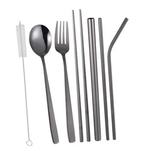 Produktbild: RORPOIR 8-Teiliges Set outdoor geschirr essgeschirr outdoor party geschirrset outdoor essgeschirr geschirrtabs dinner sets Titanbeschichtung Löffel Essstäbchen Besteck Rostfreier Stahl