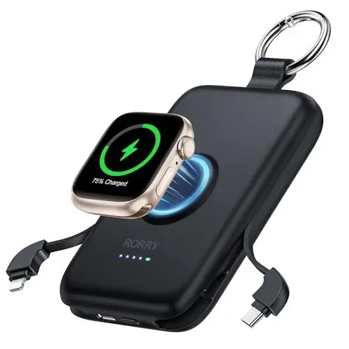 Produktbild: RORRY 3-IN-1 Power Bank 10000mAh, PD 20W Leistung Keychain Powerbank, Reise Schlüsselanhänger Ladegerät Kompatibel mit iPhone 16/15/14/13/12 and Kompatibel mit Apple Watch 9/Ultra2/8/Ultra/7/6/Se/5/4