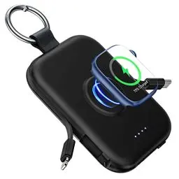 Produktbild: RORRY Power Bank, 5000mAh Externe Handy Akkus mit eingebauten Kabeln, Schlüsselanhänger Powerbank Kompatibel mit iPhone 16/15/14/13/12 und für Apple Watch 9/Ultra 2/8/Ultra/7/6/Se/5/4 Airpods Pro
