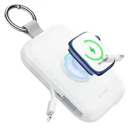 Produktbild: RORRY Power Bank, 5000mAh Externe Handy Akkus mit eingebauten Kabeln, Schlüsselanhänger Powerbank Kompatibel mit iPhone 16/15/14/13/12 und für Apple Watch 9/Ultra 2/8/Ultra/7/6/Se/5/4 Airpods Pro