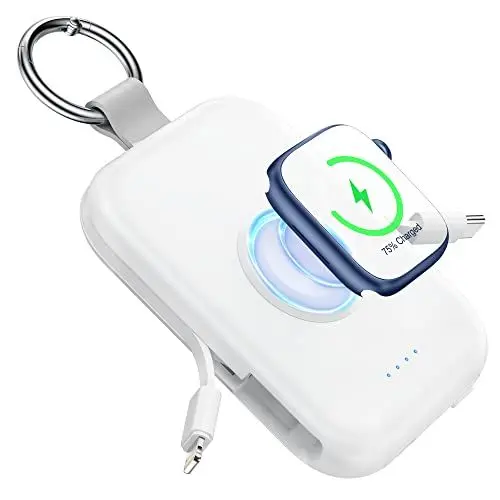 Produktbild: RORRY Power Bank, 5000mAh Externe Handy Akkus mit eingebauten Kabeln, Schlüsselanhänger Powerbank Kompatibel mit iPhone 16/15/14/13/12 und für Apple Watch 9/Ultra 2/8/Ultra/7/6/Se/5/4 Airpods Pro