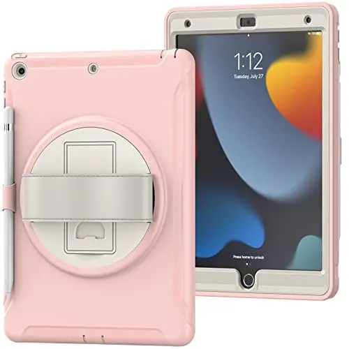 Produktbild: Rosa Hülle für iPad 2019 2020 2021 10,2 Zoll Eingebaute Halterung 360° Verstellbarer Handschlaufe mit Stiftschlitz Stoßdämpfung und Sturzfestigkeit