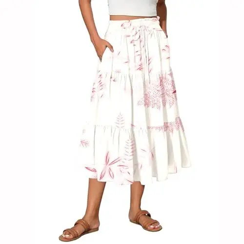 Produktbild: Rosa Midi Rock Damen Boho A Linie Faltenrock Knielang Sommerrock Leicht Und Luftig Röcke Mit Blumendruck Tellerrock Casual Hohe Taille Midirock Mit Taschen Gummizug Plisseerock XL