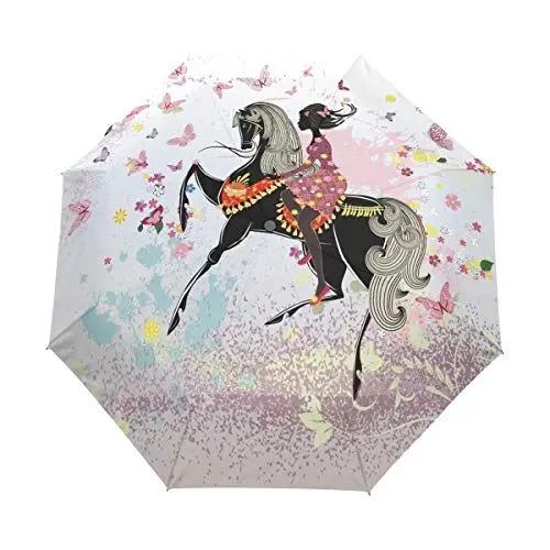 Produktbild: Rosa Pferd Mädchen Regenschirm Auf-Zu Automatik Taschenschirm Winddichter Umbrella Klein Leicht Schirm Kompakt Schirme für Jungen Mädchen Reise Strand Frauen