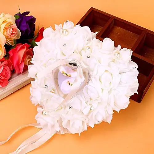 Produktbild: Rose Ehering Box,Ehering Kissen Herzform Ringkissen, romantische Rose Hochzeit Bevorzugungen Herz Perle Ring Box Kissen Kissen mit Satin Blumen,fur Hochzeitsgeschenk (weiß)