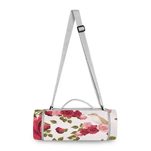 Produktbild: Rose Rosa Blume Vogel Picknickdecke wasserdicht Kreative Runde Picknick-Matte Kampierende Strand Yoga Decken Matten im Freien Faltbar Leicht Matte Decke mit Tragegriff(148cm x 148cm)