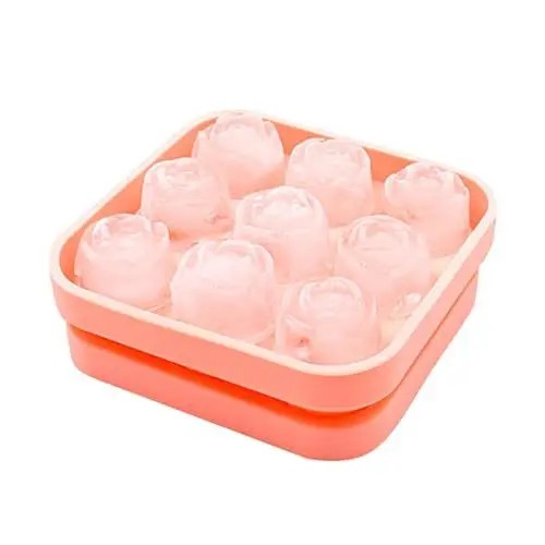 Produktbild: R-ose Siliko-n Eiswürfelscha-le, 9 Fächer Eiswürfelschal-e, Ro-se S-ilikon Backform, 3D R-osen Eiswürfelschal-e mit Deckel, für Eis, Whiskey, Cocktail, Saft, Kaffee Eiskugelfor-m