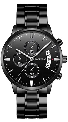 Produktbild: ROSEBEAR Herren Analog Quarz Uhr, Chronograph Mit Mehreren ZifferbläTtern 30M Wasserdicht Herren Businessuhr Edelstahlarmband (Black-Silver-Black)