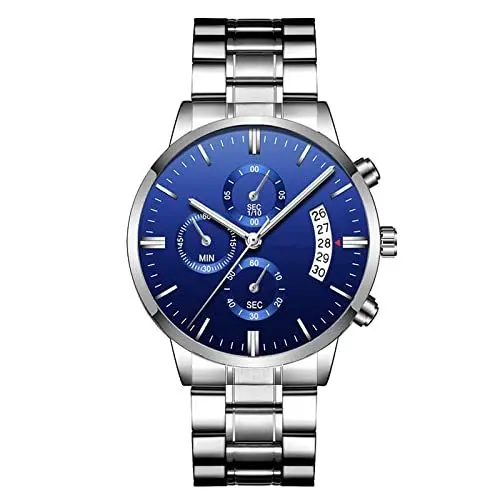 Produktbild: ROSEBEAR Vielseitige Quarz-Chronographenuhr für Herren - 3 Hilfszifferblätter, Datum, 30M WR für tägliches Tragen & Sport | Stilvolles Geburtstagsgeschenk mit Edelstahlband,Blaue Platte Silber Kette