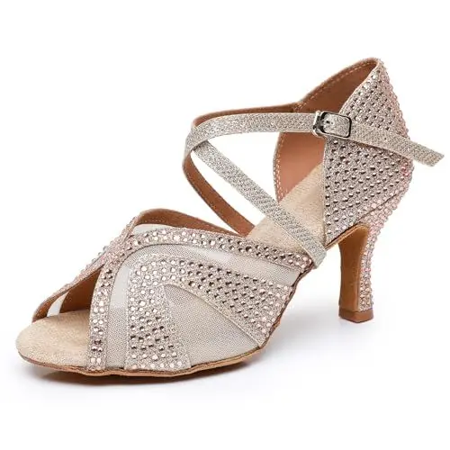 Produktbild: Rosefinch Damen Latin Tanzschuhe Ballsaal Salsa Performance Strass Tanzschuhe Hochzeit Party Gold 7cm Absatz 39EU