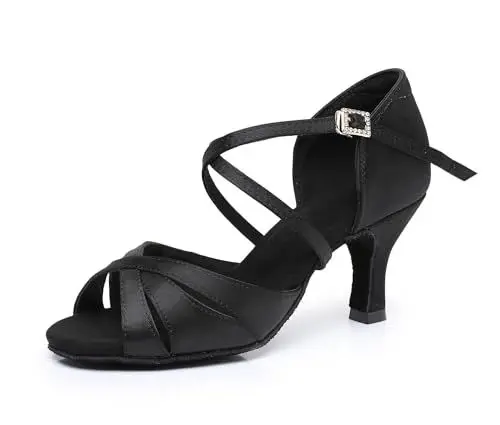 Produktbild: Rosefinch Latein Tanzschuhe für Frauen Weiche Sohle Strass-Schnalle Salsa Ballroom Performance Schuhe Professionelle Praxis Tanzschuhe 7cm Absatz, Schwarz 38EU