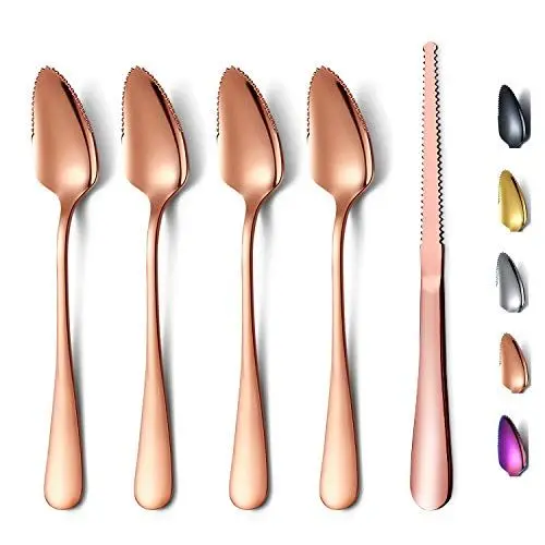 Produktbild: Roségold Grapefruitlöffel 5-Teiliges Set, 4 Grapefruitlöffel aus Edelstahl und 1 Grapefruitmesser mit Titanbeschichtung, Grapefruit-Utensilenset, Gezackte Kanten Löffelpackung mit 5 Stück