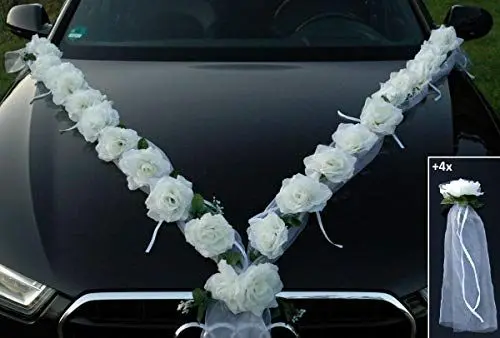 Produktbild: Rosen Girlande Braut Paar Rose Deko Dekoration Autoschmuck Hochzeit Car Auto Wedding ®Auto-schmuck Deko (Weiß/Weiß)