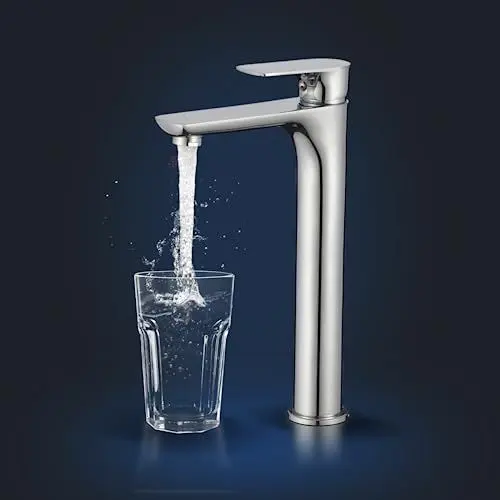 Produktbild: Rosenhahn & Söhne Poel L Design Badarmatur Wasserhahn Badezimmer - Armatur Bad (Chrom) - Heiß + Kalt Waschtischarmatur + Anschlussschläuche