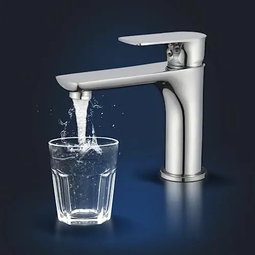 Produktbild: Rosenhahn & Söhne Poel M Design Badarmatur Wasserhahn Badezimmer - Armatur Bad (Chrom) - Heiß + Kalt Waschtischarmatur + Anschlussschläuche