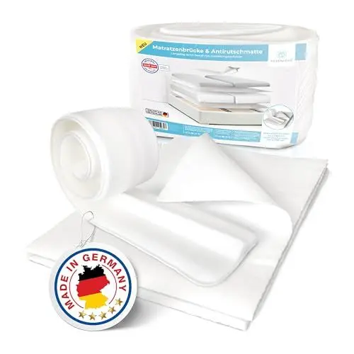 Produktbild: Rosenkern® Liebesbrücke für Matratzen + Antirutschmatte gegen Verrutschen - Qualität aus Deutschland - Matratzenbrücke für Topper & Matratzen ab 5cm Steghöhe - Matratzenkeil inkl. Matratzenhalter