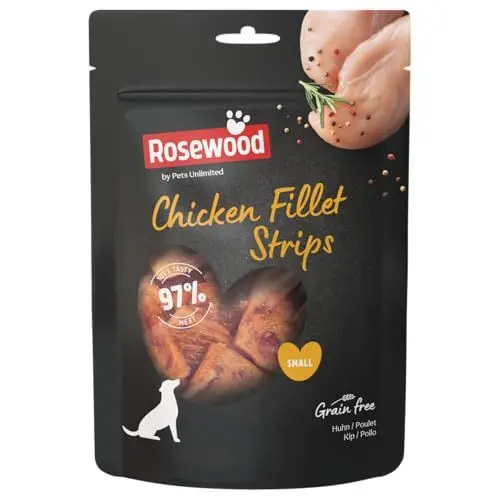 Produktbild: Rosewood Chicken Fillet Strips – Zarte Hühnerfiletstreifen für kleine Hunde – 97 % Huhn, proteinreich & fettarm – Getreidefrei & ohne künstliche Zusätze – 150 g