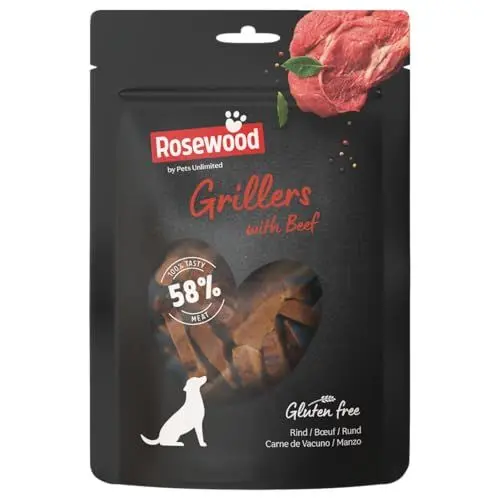 Produktbild: Rosewood Grillers mit Rind – Hunde Leckerli mit 58 % Rindfleisch, natürliche Zutaten, glutenfrei, ohne künstliche Zusätze, einwandfrei als Belohnung oder Snack, 100 g