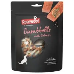 Produktbild: Rosewood Hanteln aus Rosenholz mit Lachs - Kauknochen für Hunde, Rinderhaut-Leckerli mit Lachs, Zahnpflege, ohne Getreide und künstliche Zusätze, 150 g