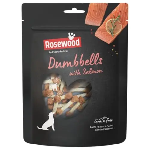 Produktbild: Rosewood Hanteln aus Rosenholz mit Lachs - Kauknochen für Hunde, Rinderhaut-Leckerli mit Lachs, Zahnpflege, ohne Getreide und künstliche Zusätze, 150 g