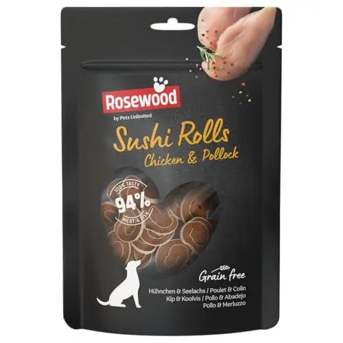 Produktbild: Rosewood Sushi Rolls – Weiche Hundesnacks mit Hühnchen & Kabeljau – Getreidefrei & glutenfrei – Ohne künstliche Zusätze – 100 g Leckerlis für Hunde Aller Größen
