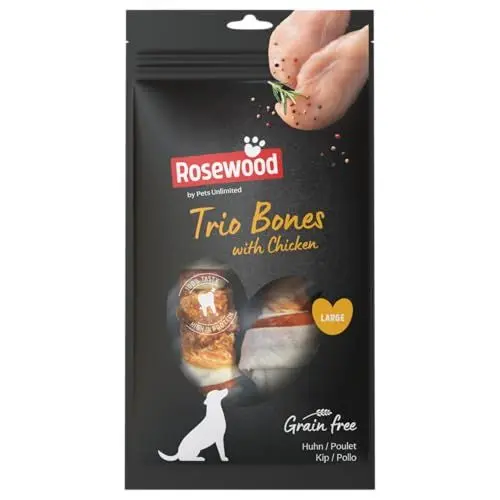 Produktbild: Rosewood Knochen-Trio aus Rosenholz mit Hühnchen für große Hunde - Rinderhaut-Kauleckerlis, Zahnpflege, ohne Getreide/Gluten/Zusätze, 90g