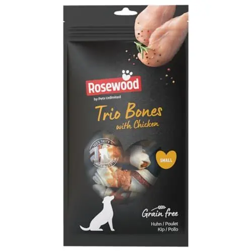 Produktbild: Rosewood Trio Hähnchen-Kaustangen für kleine Hunde - Rinderhaut-Leckerlis mit Hühnchen, Zahnpflege, getreide- und glutenfrei, ohne künstliche Zusätze, 80g