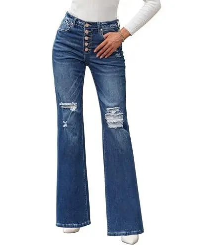 Produktbild: Roskiky Baggy Jeans Jeans Hose Damen Ripped Jeans Damen Pants Damen Trendige Hosen Sommer Jeans Damen Dunkelblau L