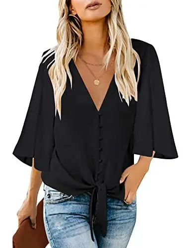 Produktbild: Roskiky Damen Bluse Chiffon Elegant V-Ausschnitt Bell Sleeve Fledermausärmel Oberteile Hemd Loose Tops mit 3 4 Arm Schwarz Large