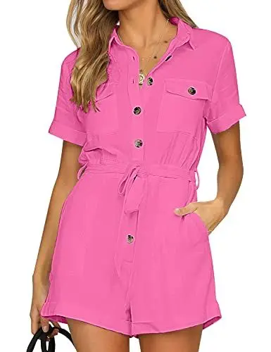 Produktbild: Roskiky Damen Sommer Taschen Gürtel Strampler Knopf Kurzarm Jumpsuit Playsuit Rosa 2XL