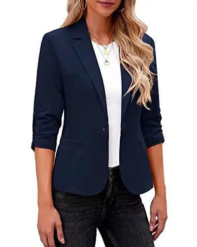 Produktbild: Roskiky Damen Blazer Jacke Frühling Hellblau 3/4 Arm Herbst Kuscheljacke Navy Blue S