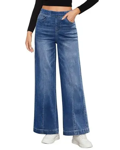Produktbild: Roskiky Wide Leg Jeans Damen Jeans Damen High Waist Jeans Straight Damen Baggy Hose Damen Baggy Hosen Jeans Damen Dunkelblau Blau L