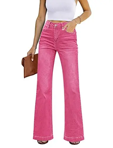 Produktbild: Roskiky Schlaghose Damen Jeans Wide Leg Baggy Jeans Damen High Waist Stretch Hosen Damen Jeans Heißes Rosa L