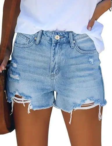 Produktbild: Roskiky Damen Jeans Shorts Sommer High Waist Kurze Hose Zerrissene Stretch Jeanshose Blau M
